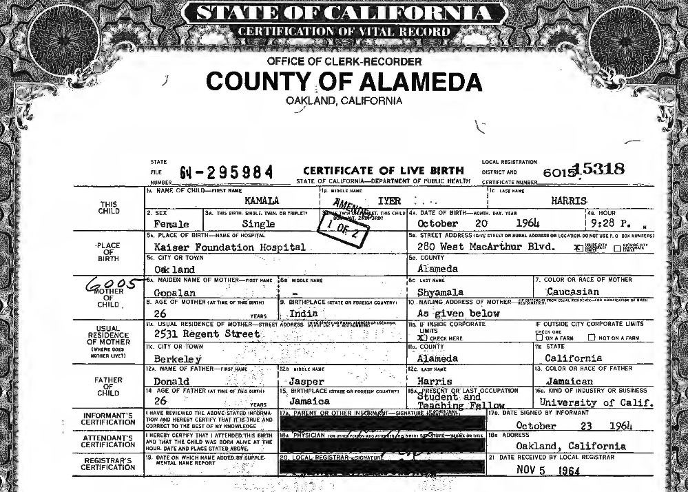 kamala harris birth certificate